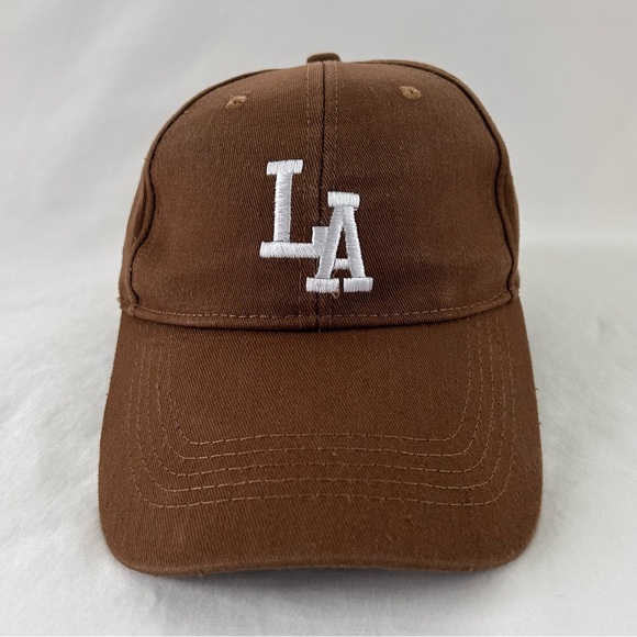 LA Embroidered Baseball Cap Adjustable Strap/Buckle Brown Denim Fashion Hat OSFA - Picture 1 of 7